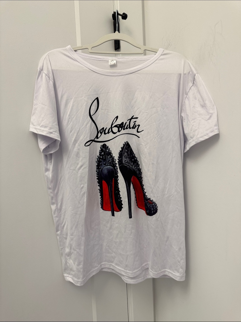 White Women's Short-Sleeve Tee with Black Script and Red Sole Stiletto Graphic